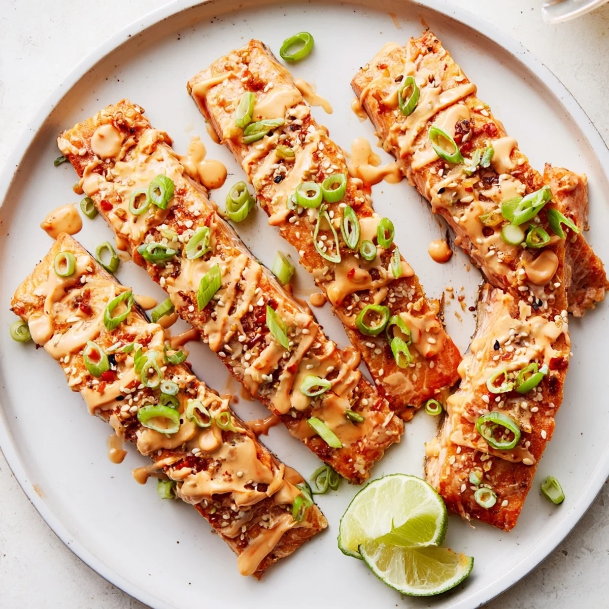 Oven-roasted Bang Bang salmon drizzled with thick pink sriracha glaze and garnished with sliced scallions