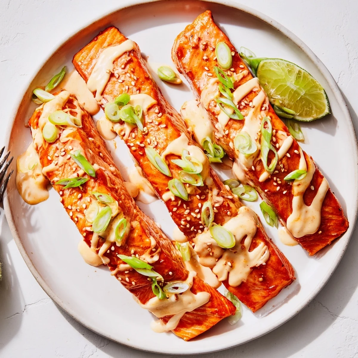Tender flaky Bang Bang salmon topped with sweet chili mayonnaise sauce and sesame seeds on a white plate