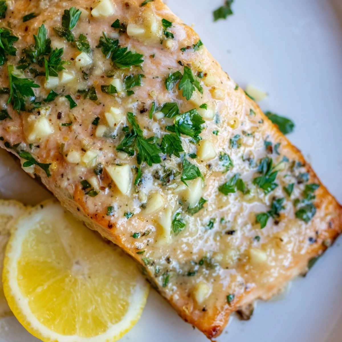 Golden baked salmon fillet glazed with rich garlic butter and fresh parsley flakes