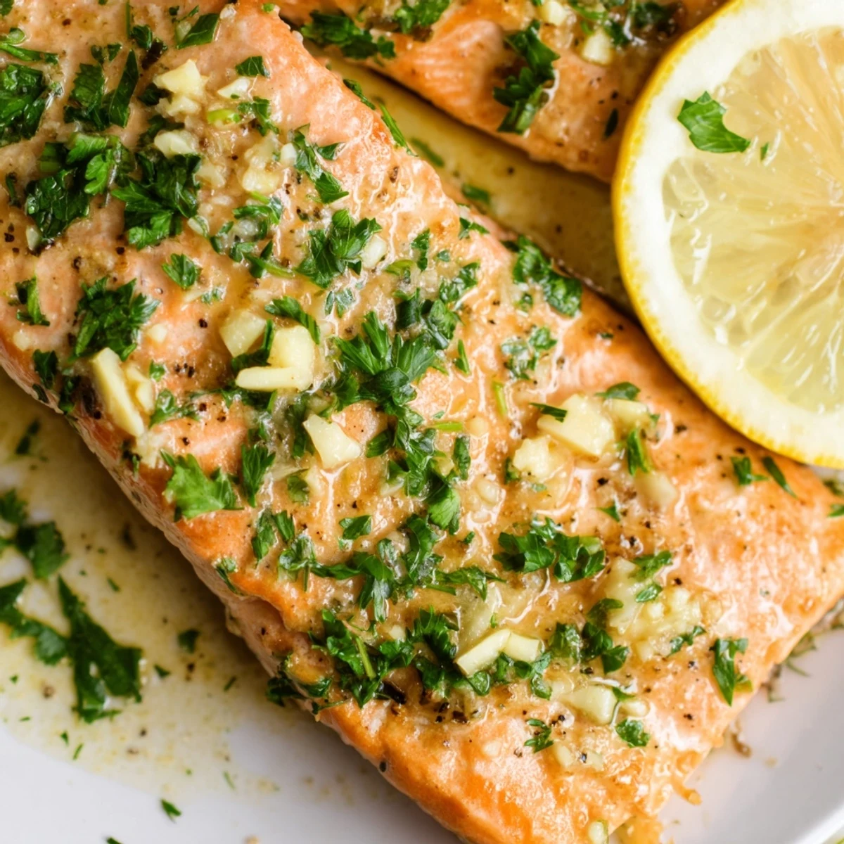 Flaky tender garlic butter baked salmon served with zesty lemon slices and green herbs