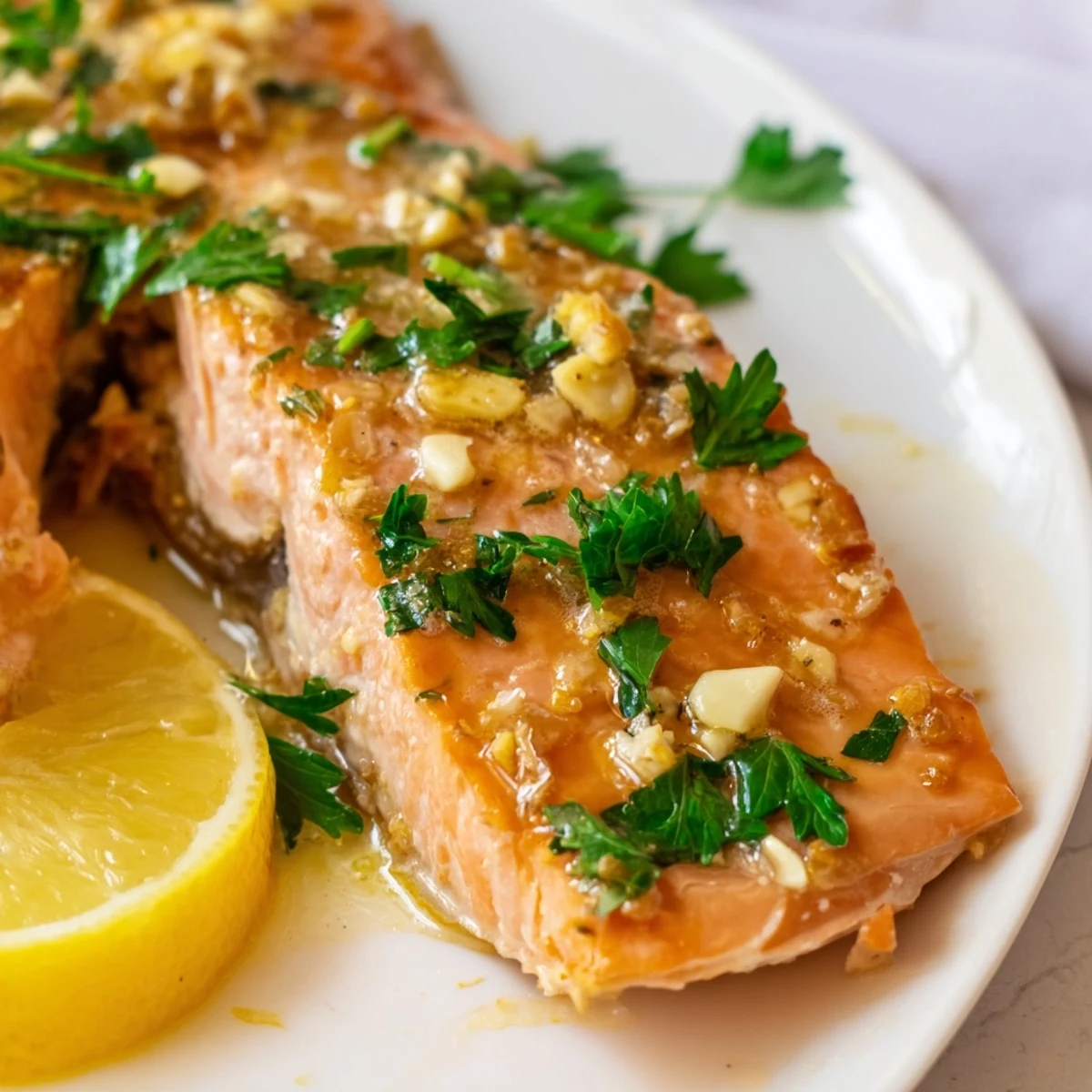 Oven roasted salmon topped with melted garlic butter sauce and vibrant chopped parsley garnish