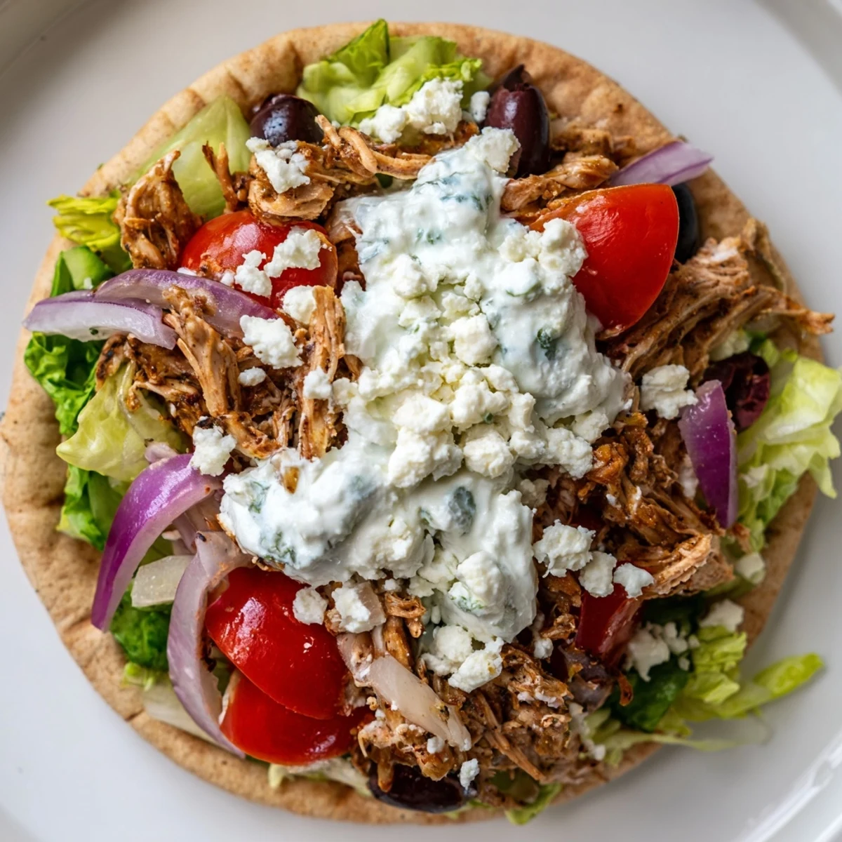 Golden shredded Crockpot Greek Chicken piled in warm pita with crisp lettuce and juicy tomatoes.