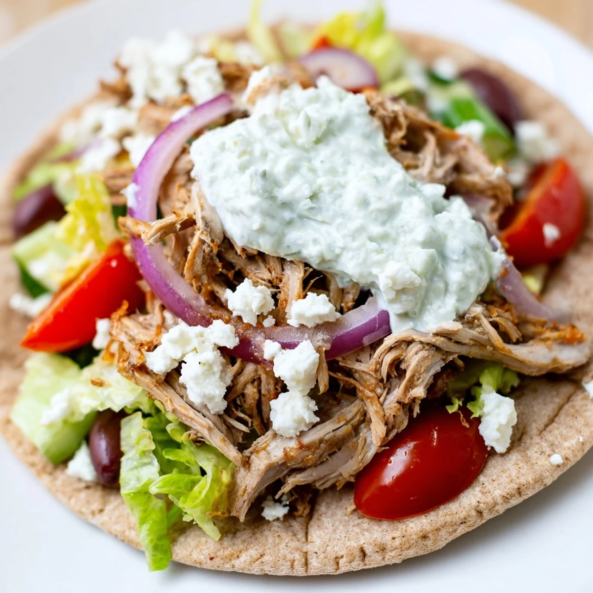 Complete Greek chicken pita sandwich stuffed with tender meat, fresh vegetables, and tangy feta cheese crumbles.
