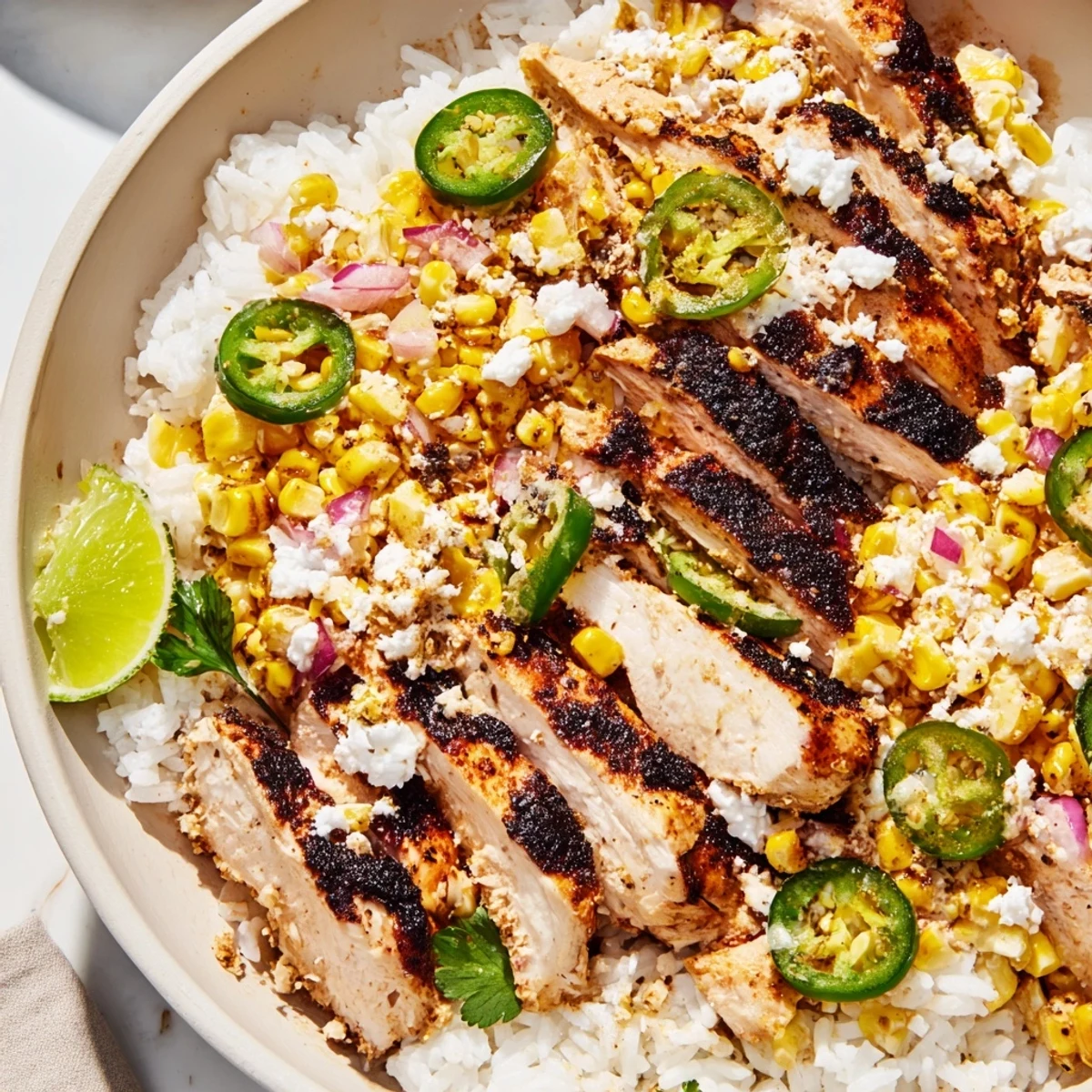 Vibrant Easy Street Corn Chicken Bowl with grilled chicken slices, charred corn, and zesty creamy cotija topping over fluffy rice.