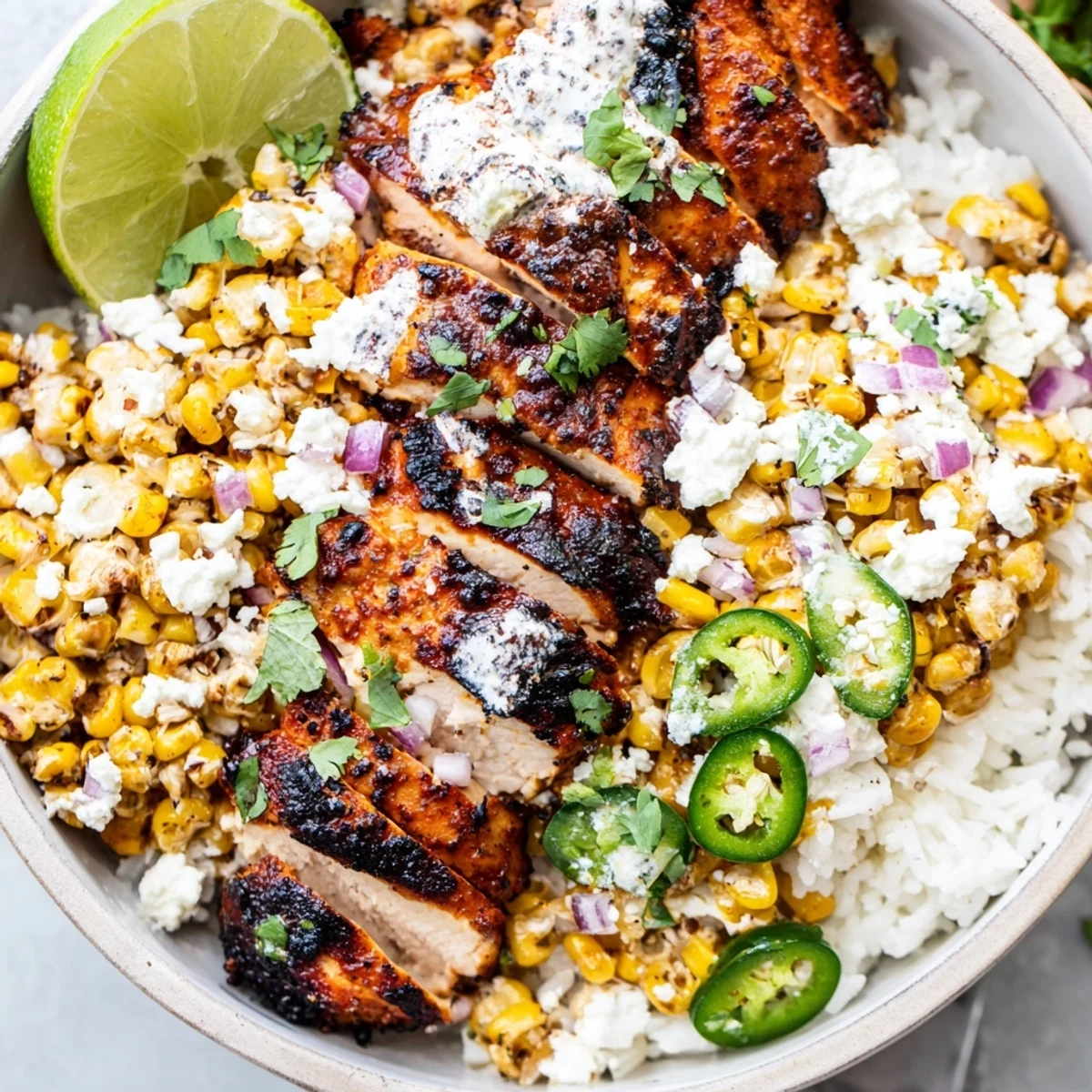 Juicy spiced chicken served over rice in this Easy Street Corn Chicken Bowl topped with tangy lime crema and fresh cilantro.