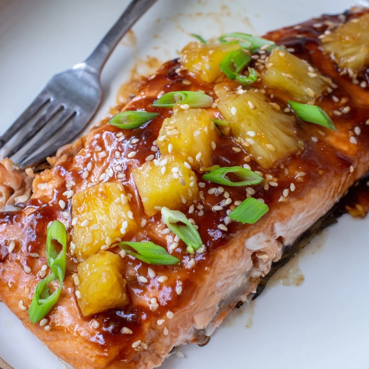 Baked salmon with caramelized pineapple glaze garnished with green onions and sesame seeds