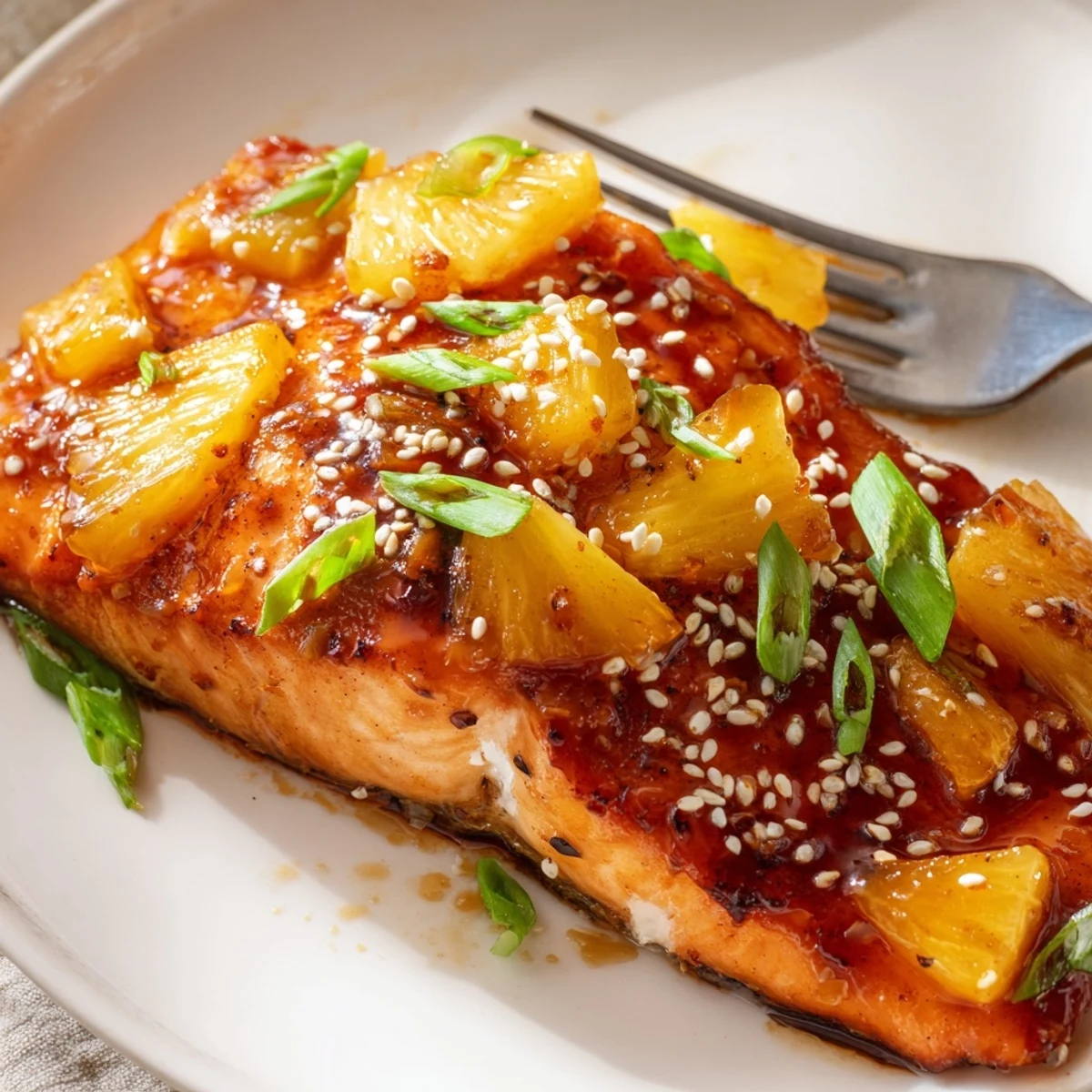Weeknight dinner featuring juicy pineapple glazed salmon drizzled with thick savory glaze