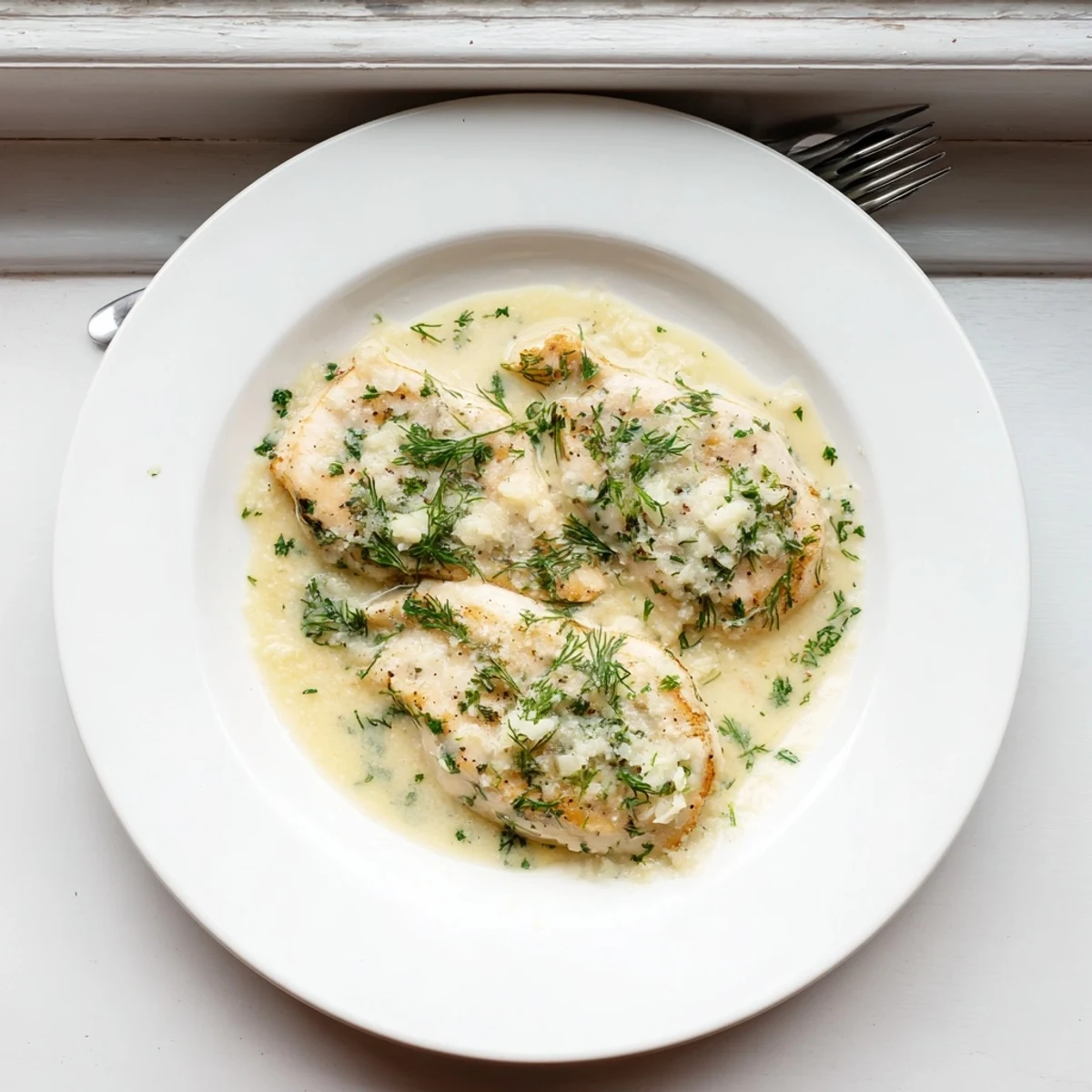 Golden pan-seared salmon fillets coated in rich garlic butter cream sauce with fresh parsley and dill garnish