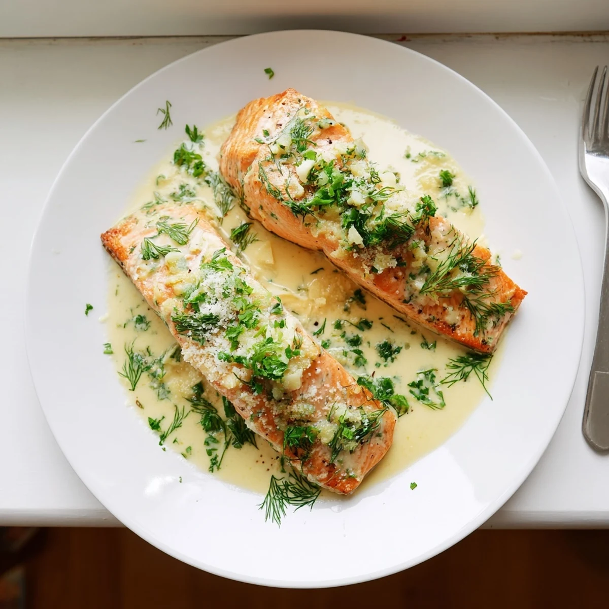 Creamy garlic butter salmon served on white plate with velvety parmesan herb sauce drizzled over tender flaky fish