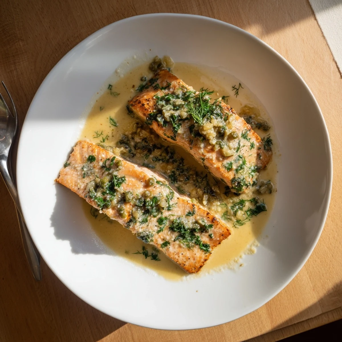 Succulent salmon pieces swimming in luscious white wine garlic cream sauce topped with vibrant green herbs and lemon zest