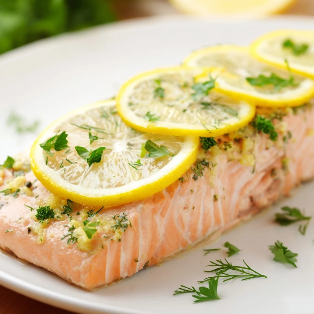 Flaky oven-baked salmon with zesty lemon and bright green dill garnish, ready for a healthy dinner