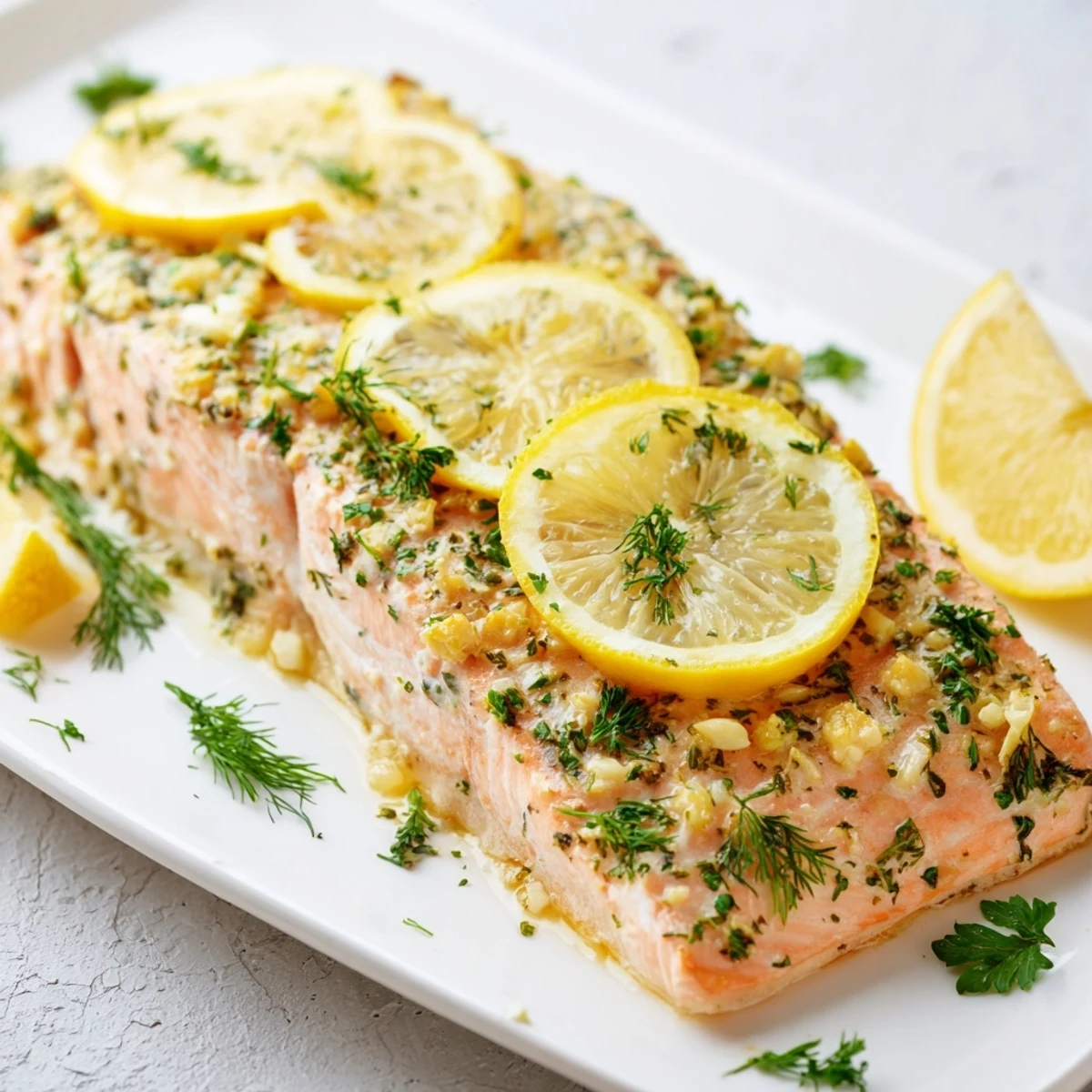 Golden baked salmon fillet topped with fresh herbs and thin lemon slices on a white plate