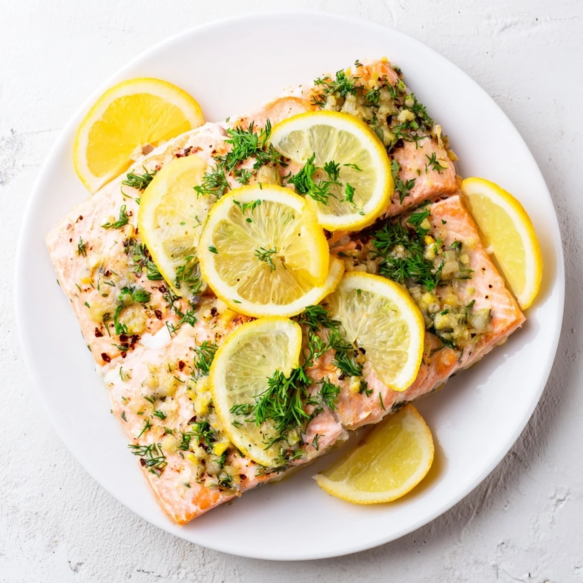 Tender glazed salmon fillets baked to perfection with fresh parsley and lemon rounds on parchment paper