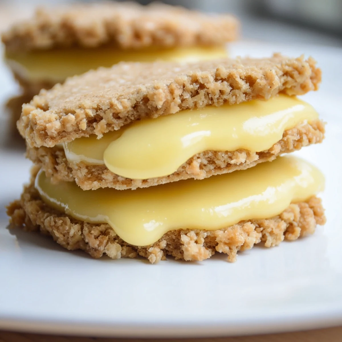 Golden lemon sandwich cookies filled with tangy vegan lemon curd on a white plate