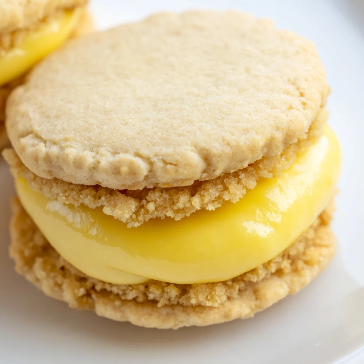 Two plant-based lemon sandwich cookies with creamy yellow lemon curd filling visible between