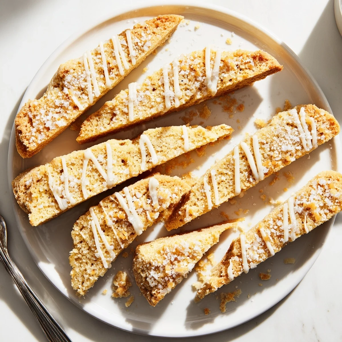 Golden sugar cookie biscotti drizzled with white chocolate on a marble serving board