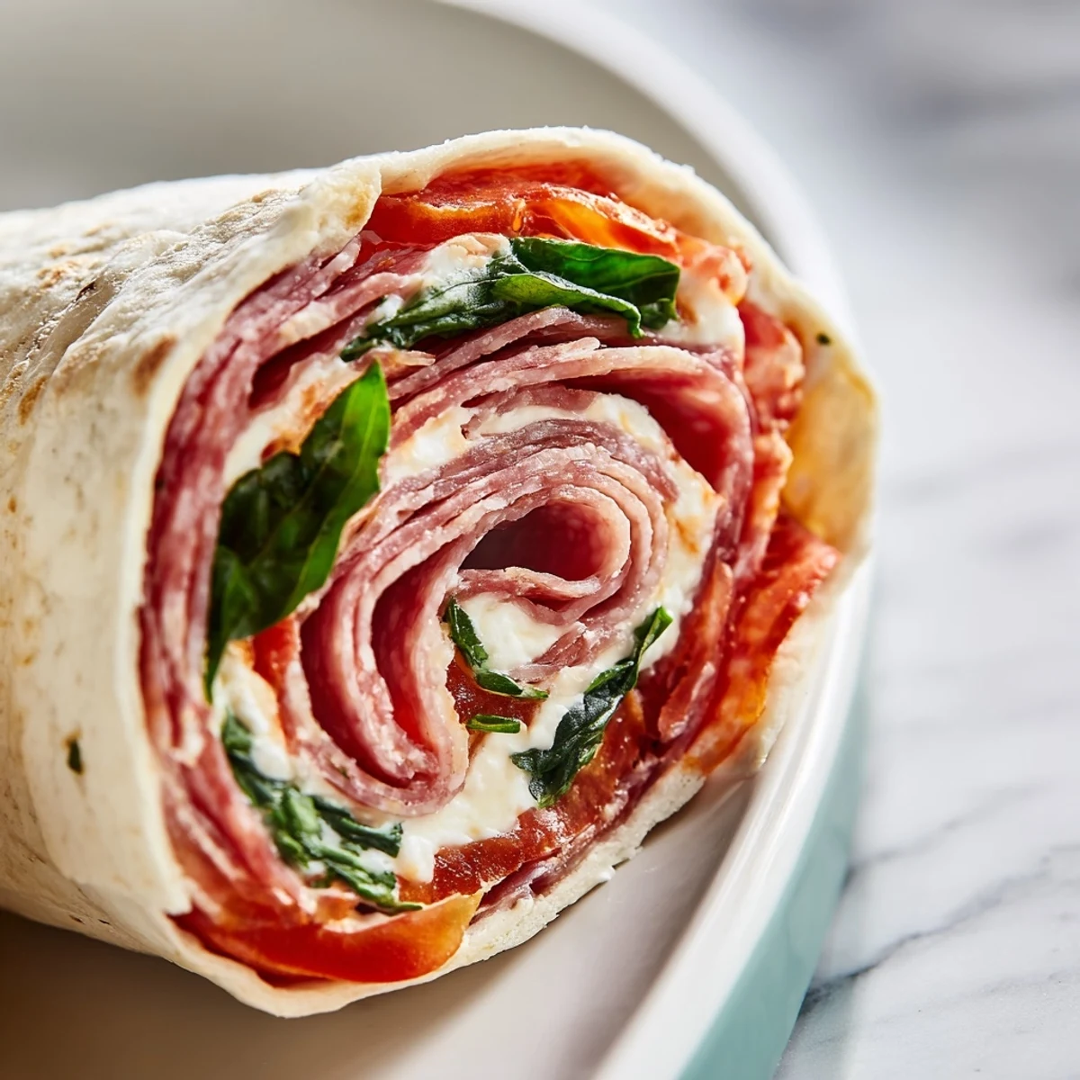 Sliced Italian pinwheels arranged on a white platter, showcasing vibrant spinach and roasted red peppers in cream cheese filling
