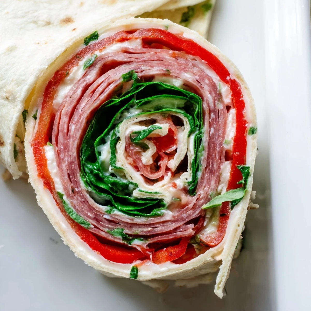 Colorful spiral Italian pinwheels featuring layers of salami, ham, pepperoni and melted provolone cheese on a serving platter