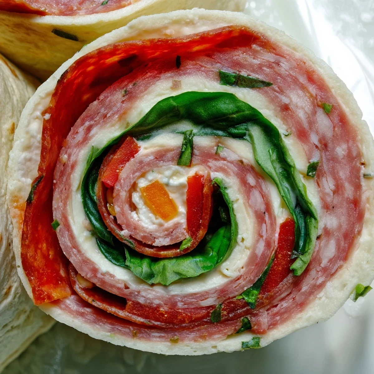 Close-up of spiral rolled Italian pinwheels displaying savory deli meats, provolone cheese, and fresh herbs inside soft flour tortillas