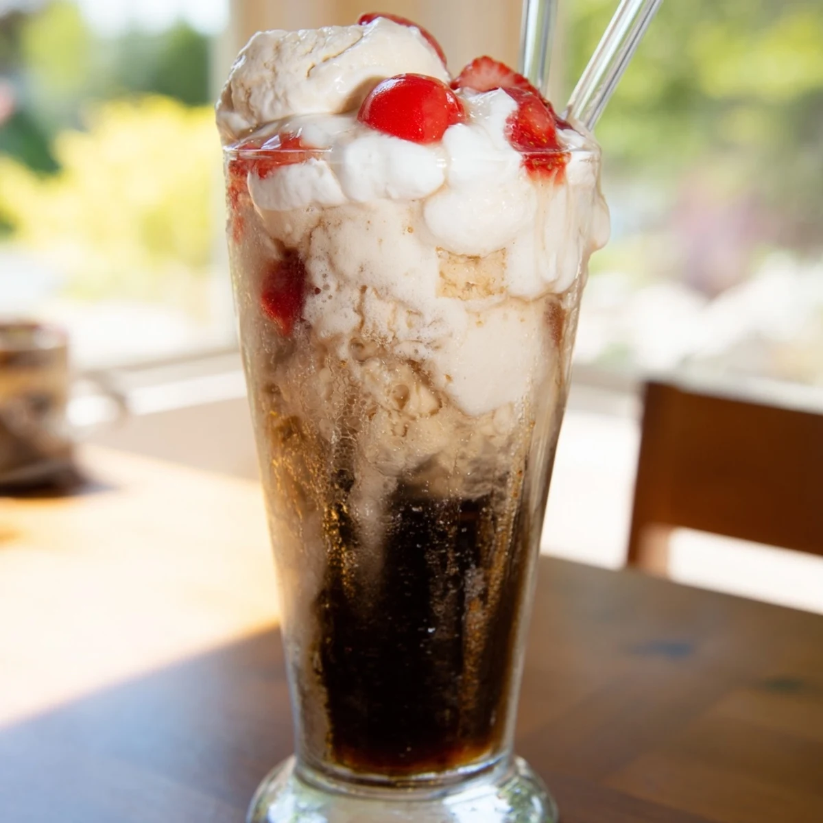 Glasses filled with creamy Rebel ice cream topped with fizzy sugar-free root beer and whipped cream