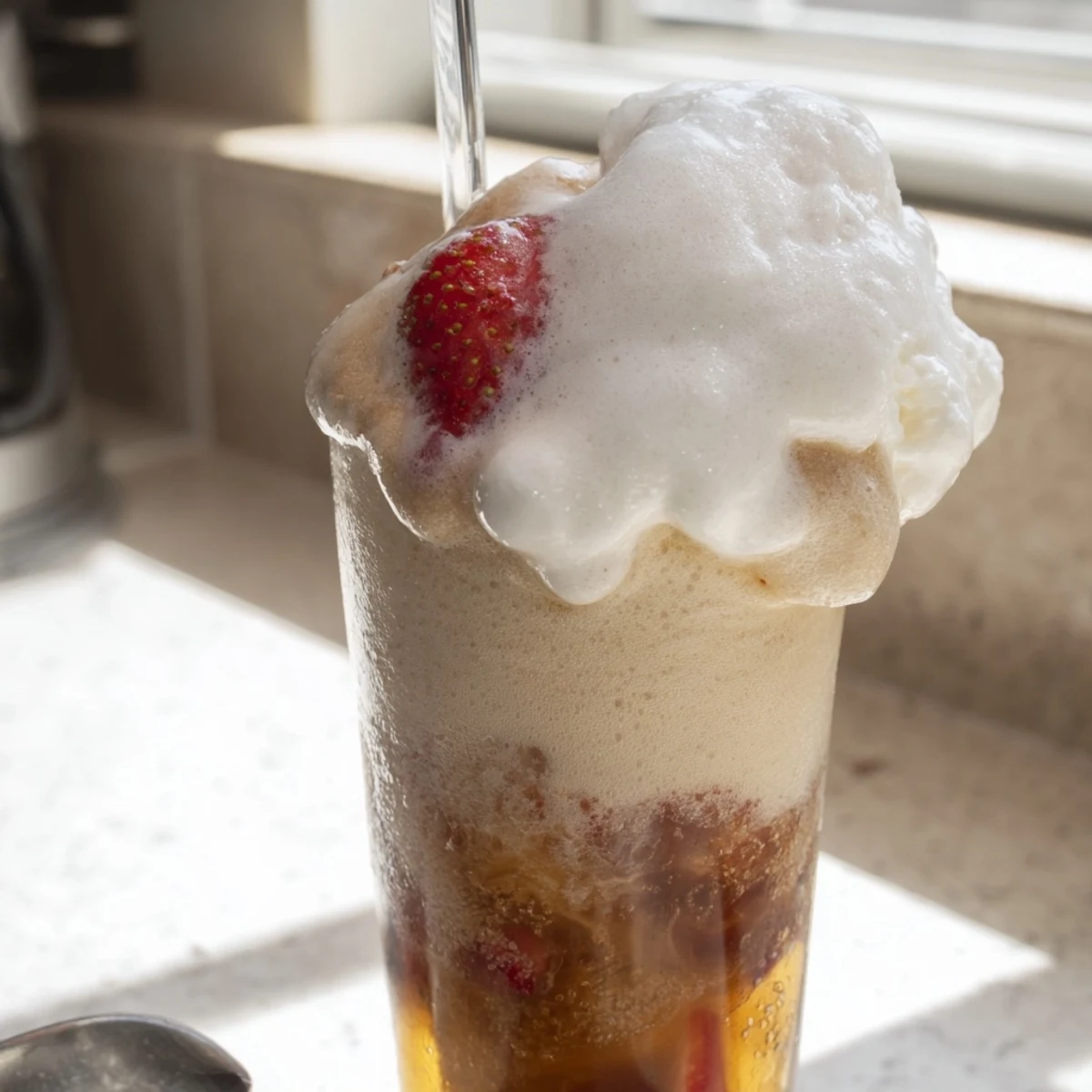 Refreshing Rebel ice cream float with vanilla scoops nestled in chilled diet cola and fresh berries