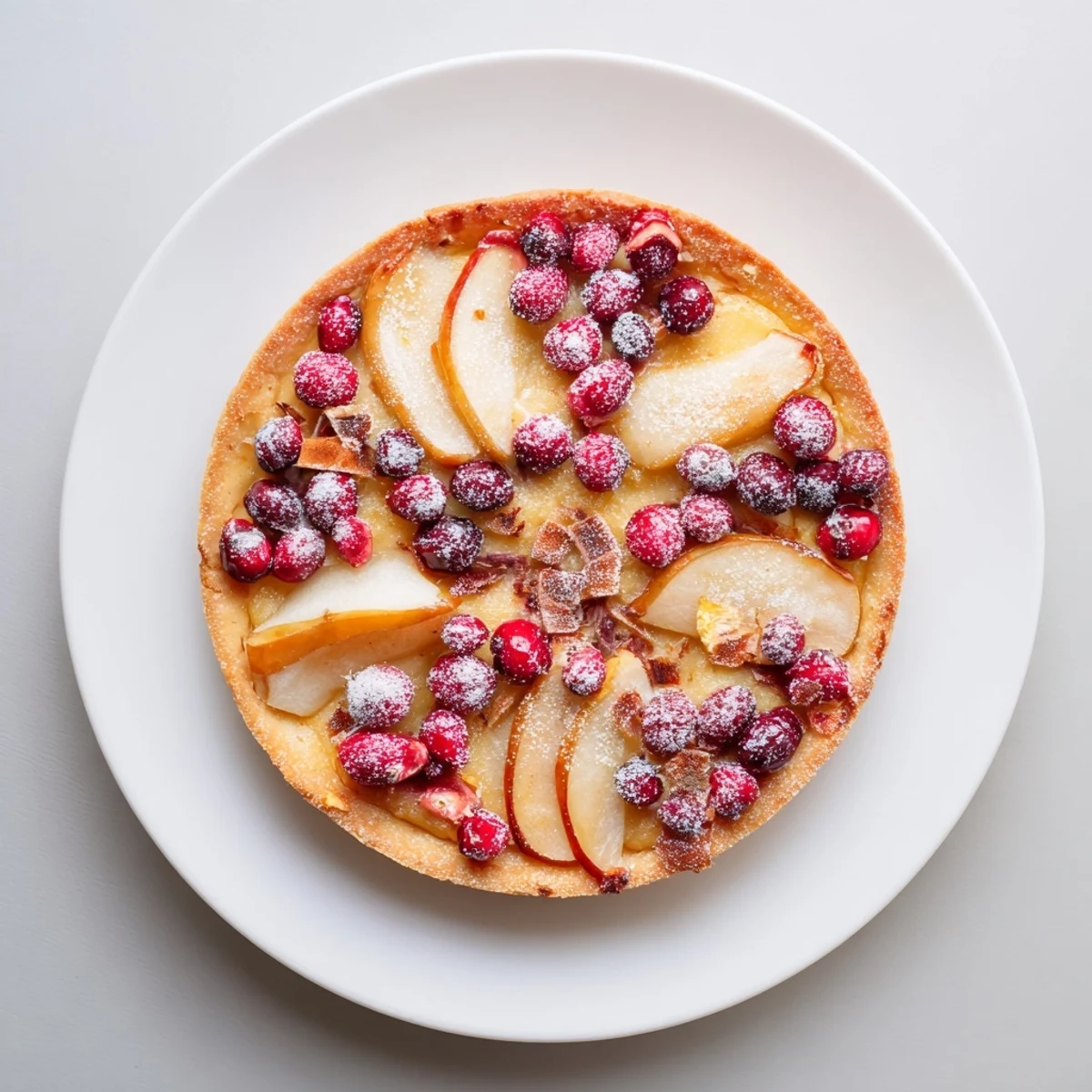 Sliced fresh pears and tart cranberries nestled in a homemade pastry crust with sugary topping
