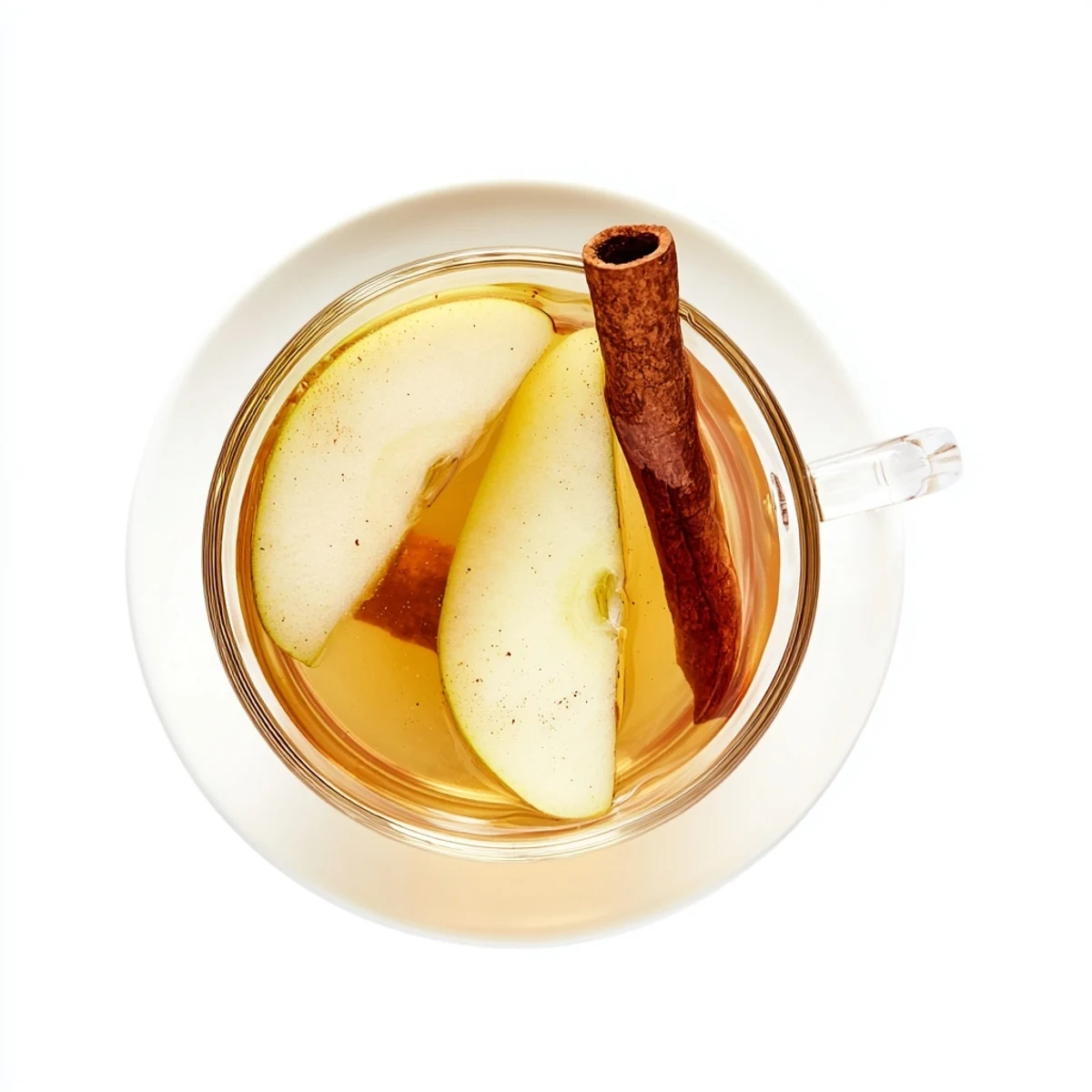 Steaming mug of homemade cinnamon pear cider garnished with fresh pear slices and cinnamon stick