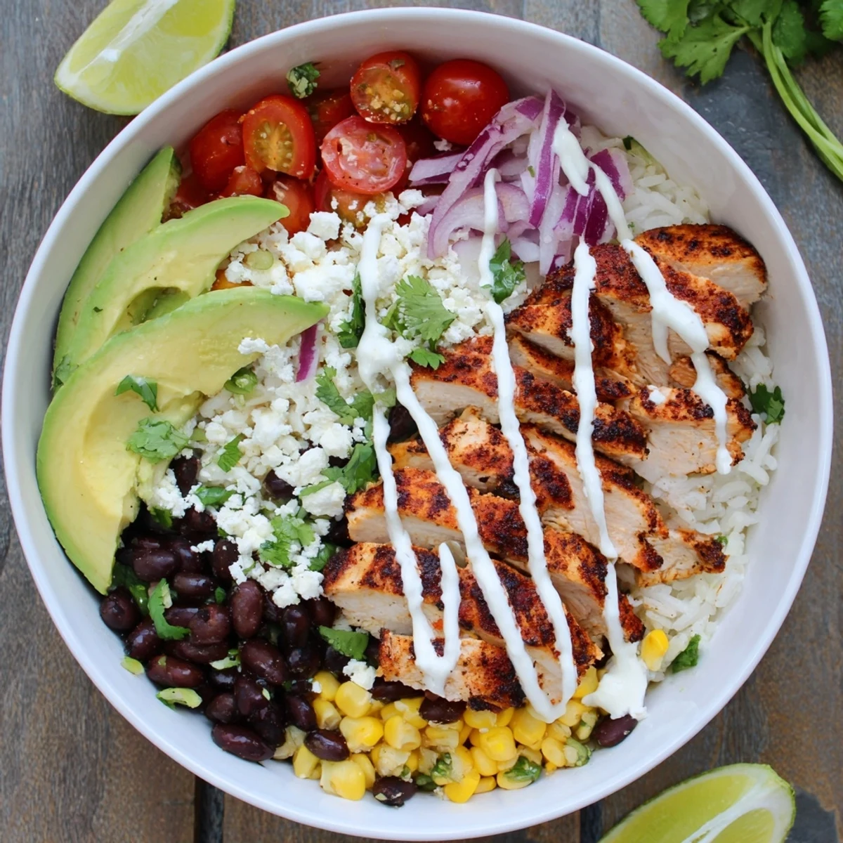 Sliced grilled chicken atop cilantro lime rice with black beans corn avocado and tangy chipotle crema in a Baja style chicken bowl