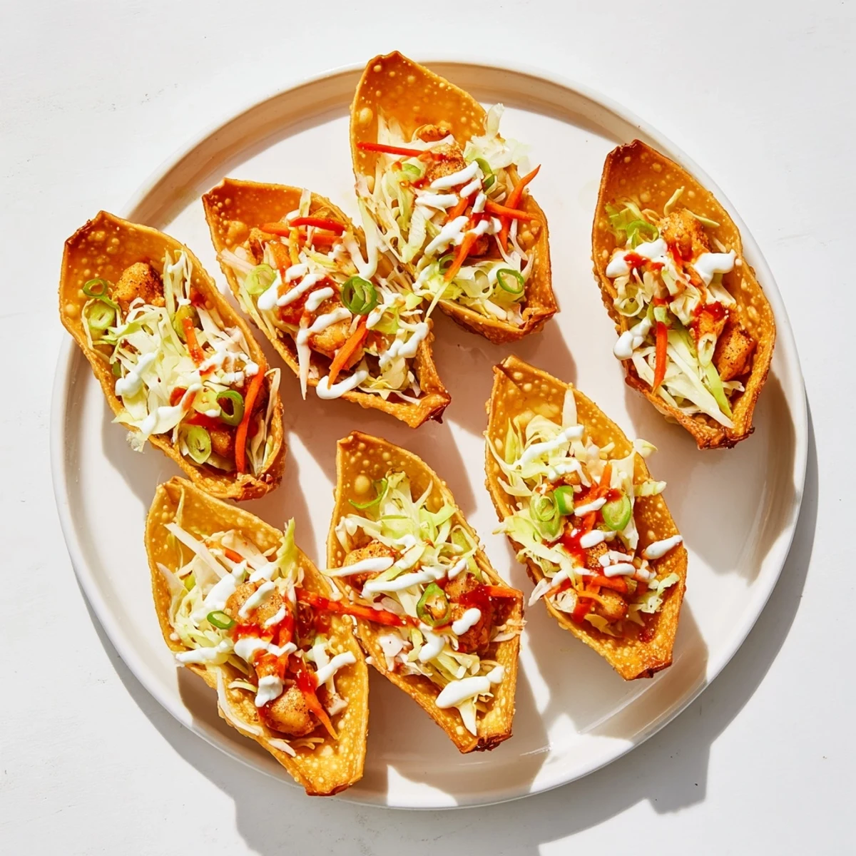 Crispy oven-baked wonton tacos piled with seasoned chicken and tangy Asian-inspired slaw