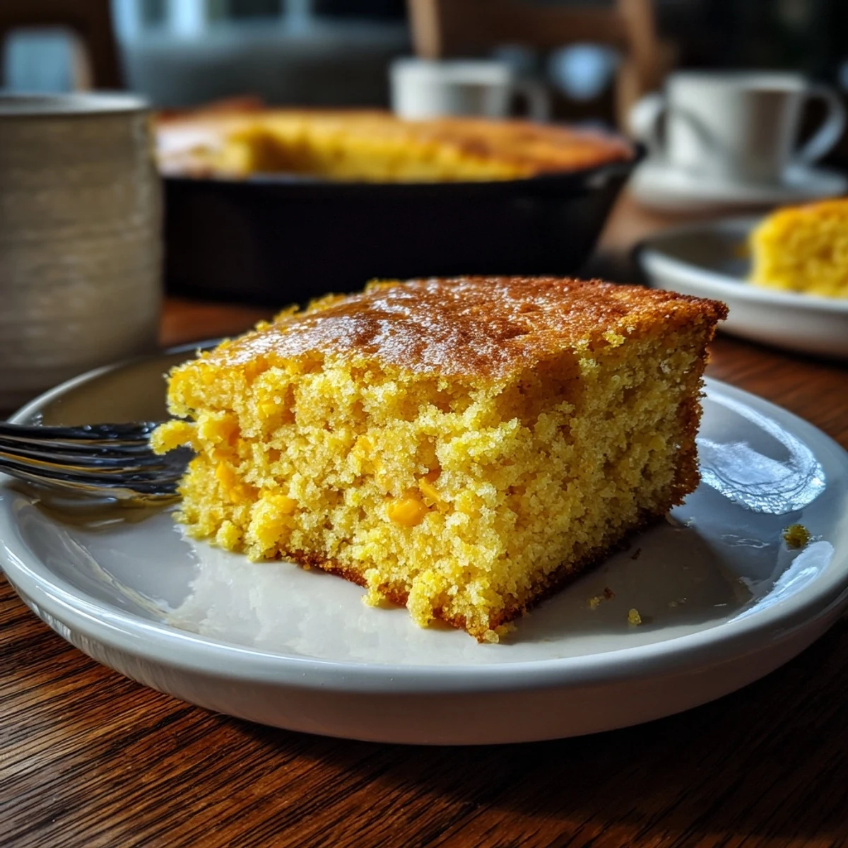 Baked Jiffy corn casserole served in a white dish, topped with melted butter for extra richness
