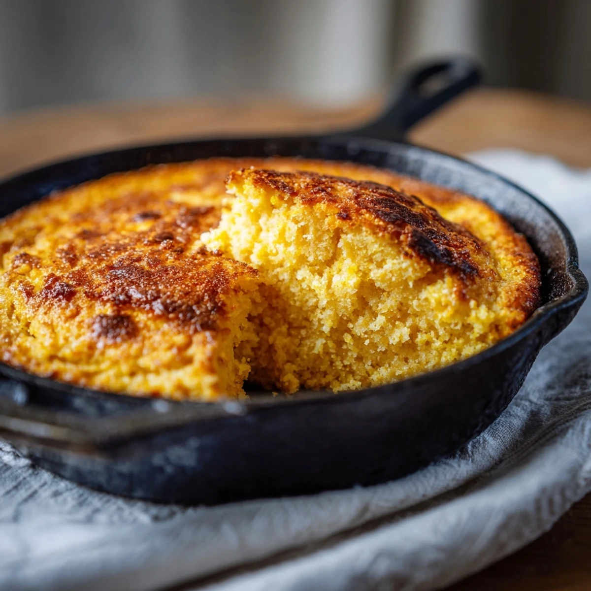 Spoonful of classic Southern corn casserole displaying rich golden crust and moist, sweet corn interior