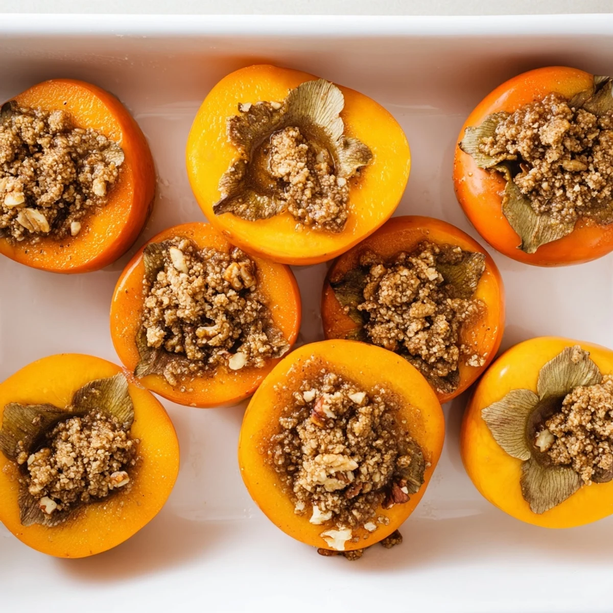 Golden baked persimmon with oat crumble topped with melting vanilla ice cream