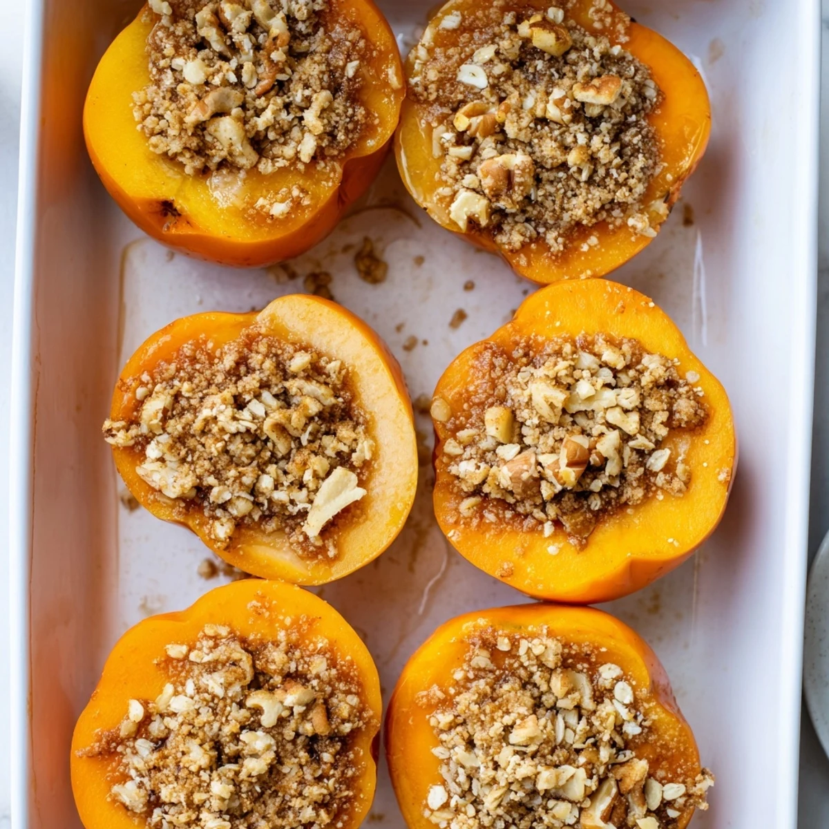 Rustic baked persimmon dessert with buttery oat crumble and chopped walnuts