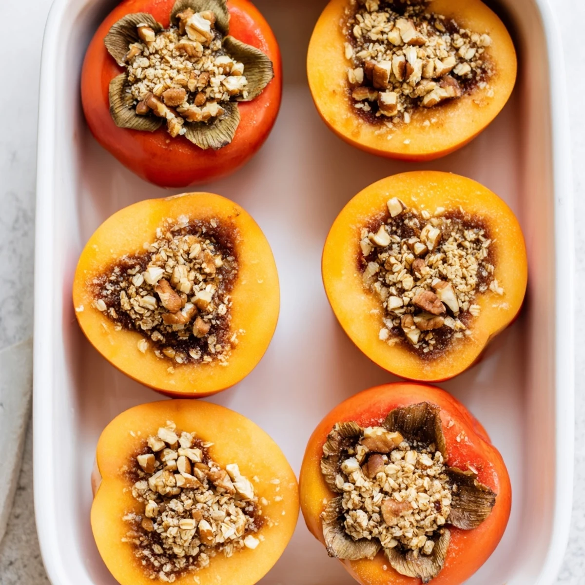 Warm baked persimmons spiced with cinnamon and topped with crispy oat crumble