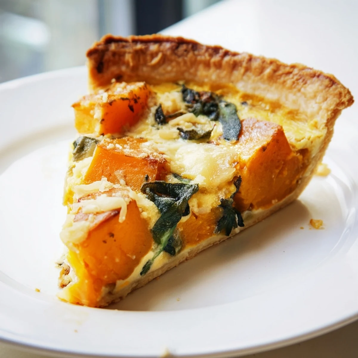 Sliced wedge of Halloween pumpkin butternut squash pie revealing creamy orange filling and melted gruyere