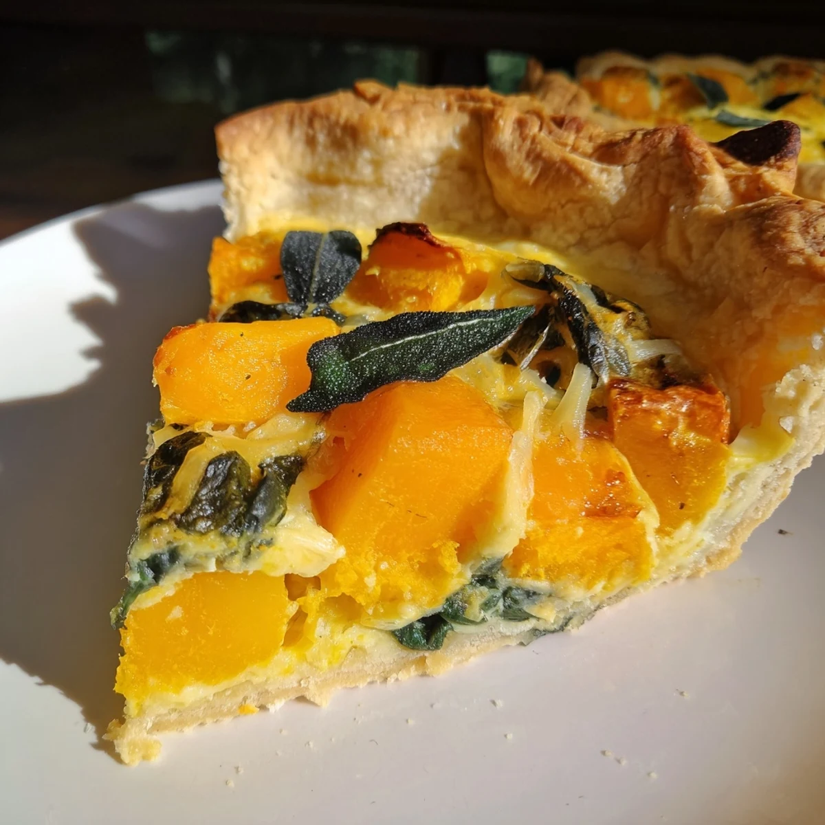 Golden Halloween pumpkin and savory butternut squash pie with flaky crust, garnished with fresh sage