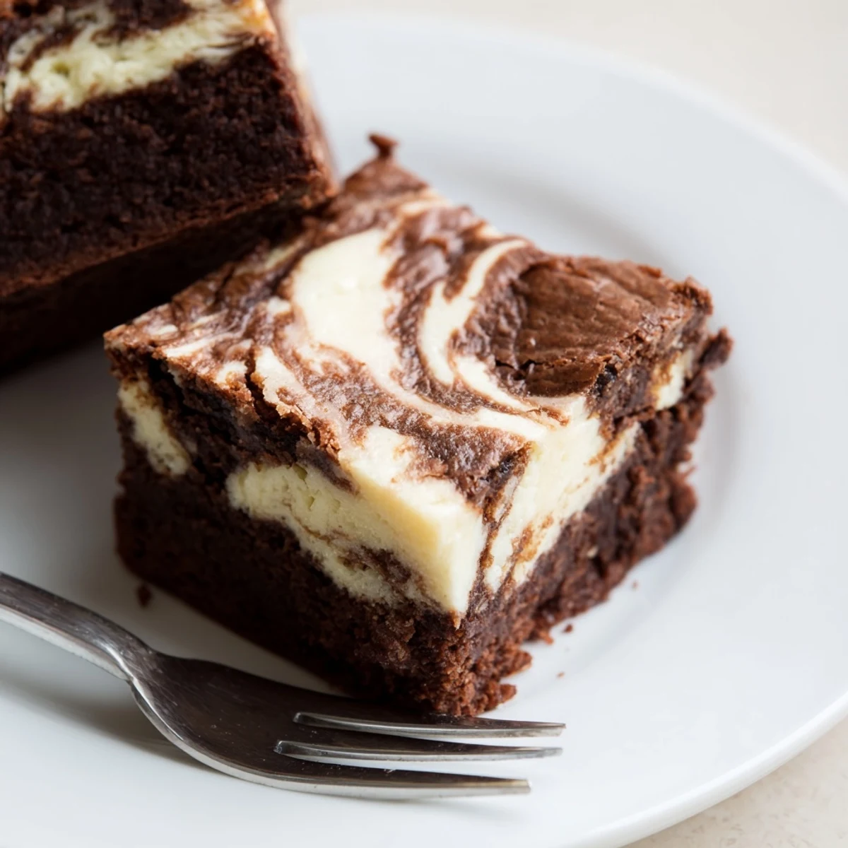 Fudgy chocolate cheesecake swirled brownies sliced into squares on a white plate