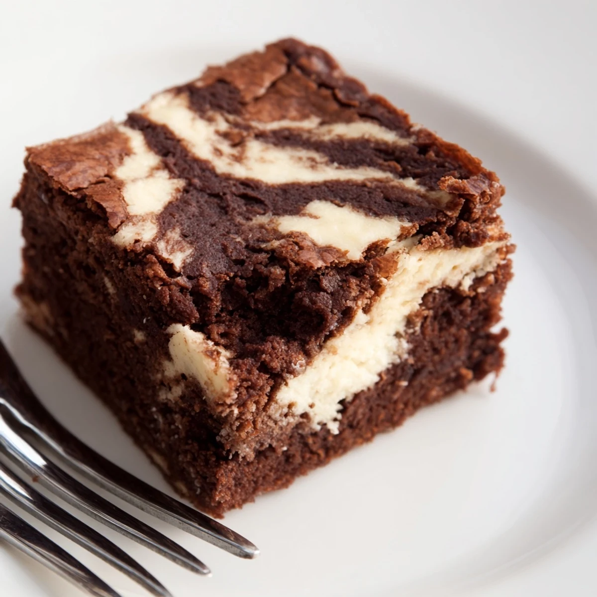 Cream cheese swirled brownies showing marble pattern topped with dark chocolate chunks