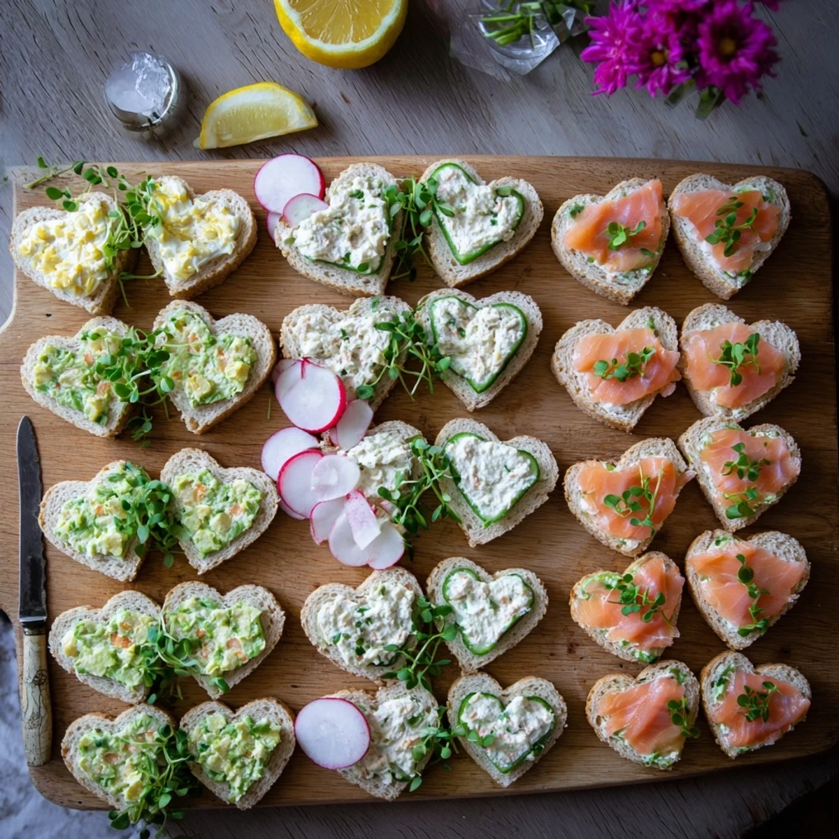 Elegant heart shaped tea sandwich board featuring cream cheese cucumber, egg salad, and smoked salmon varieties arranged on a wooden serving platter with fresh radishes, microgreens, and edible flower garnishes for afternoon tea