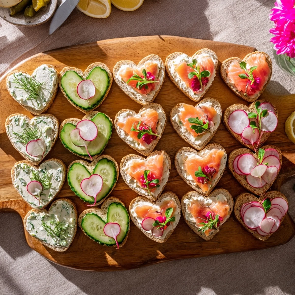 Assortment of heart shaped tea sandwiches filled with herbed cream cheese, egg salad, and smoked salmon displayed on a rustic board with fresh herb accents and lemon wedges for bridal shower entertaining