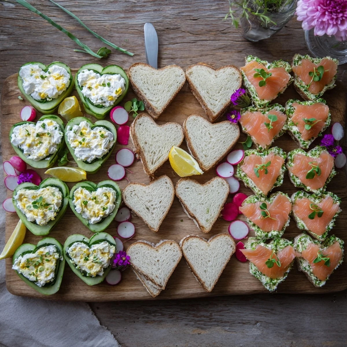 Beautiful heart shaped tea sandwich board showcasing three varieties including cucumber dill cream cheese, egg salad with chives, and smoked salmon with parsley butter arranged with radish slices and microgreens for romantic gatherings