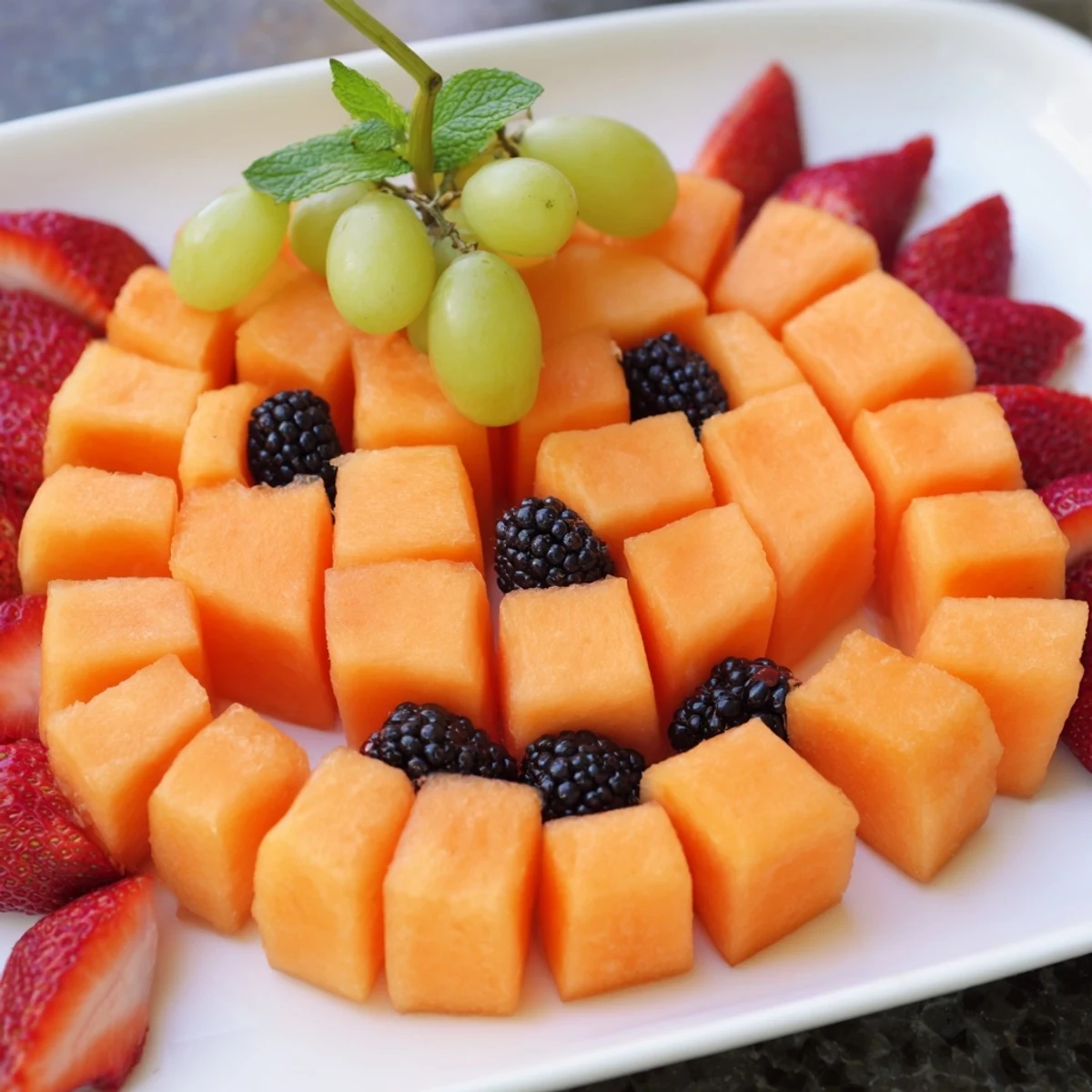 Colorful pumpkin fruit tray Halloween platter featuring fresh melon cubes styled into a smiling pumpkin shape with green grape stem