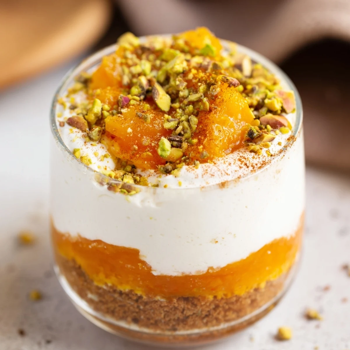 Golden persimmon puree tops creamy vegan cheesecake layered in clear glasses with nut garnish