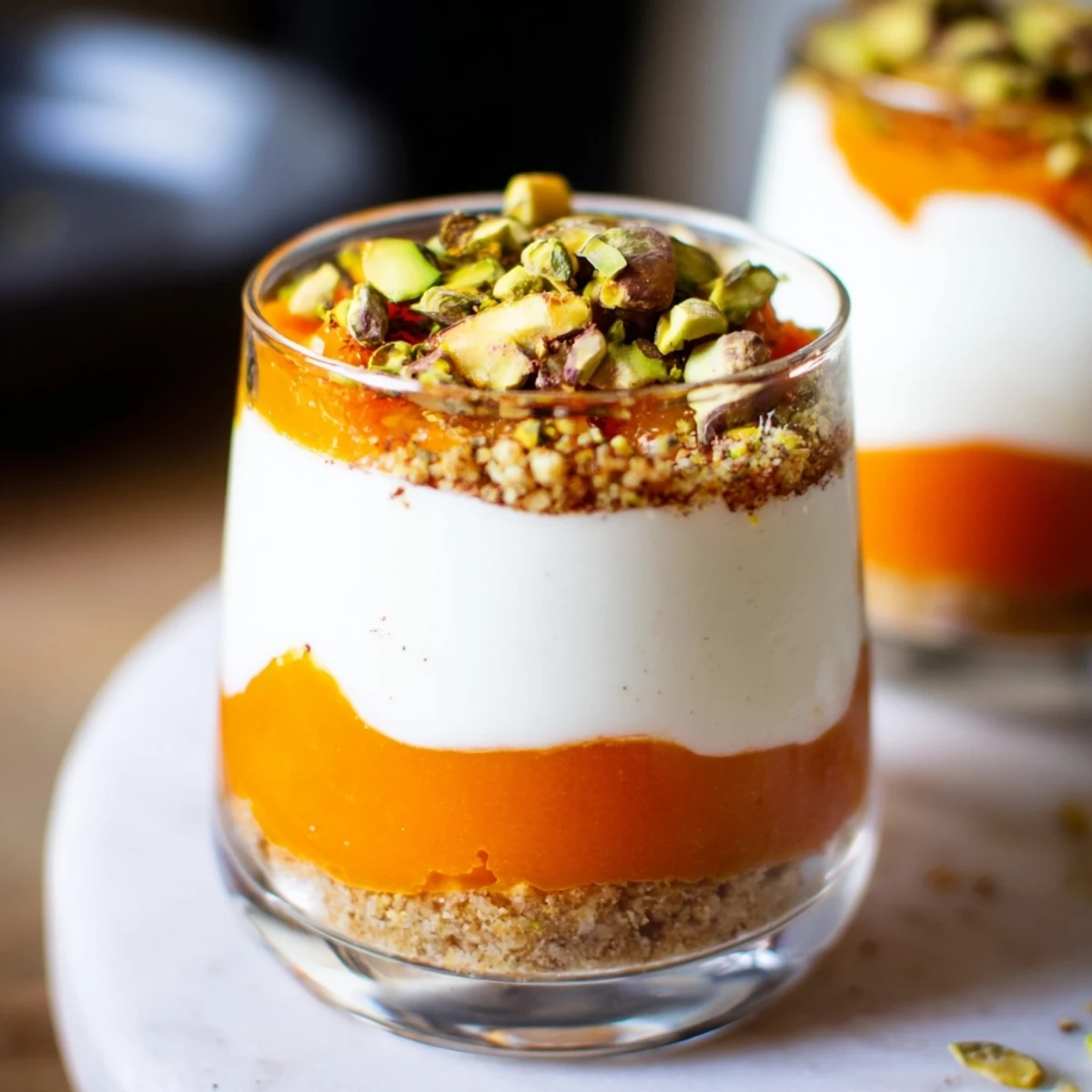 Individual no-bake persimmon cheesecake glasses with sweet spiced fruit and chopped pistachio garnish