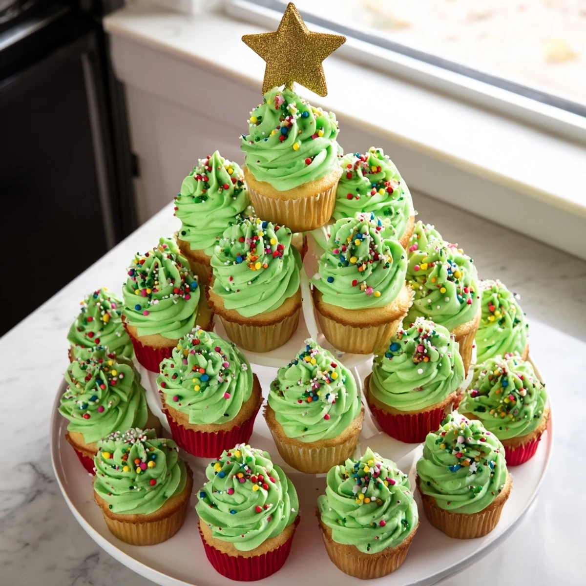 Holiday cupcake Christmas tree arranged in tiers with green frosting and edible ornaments