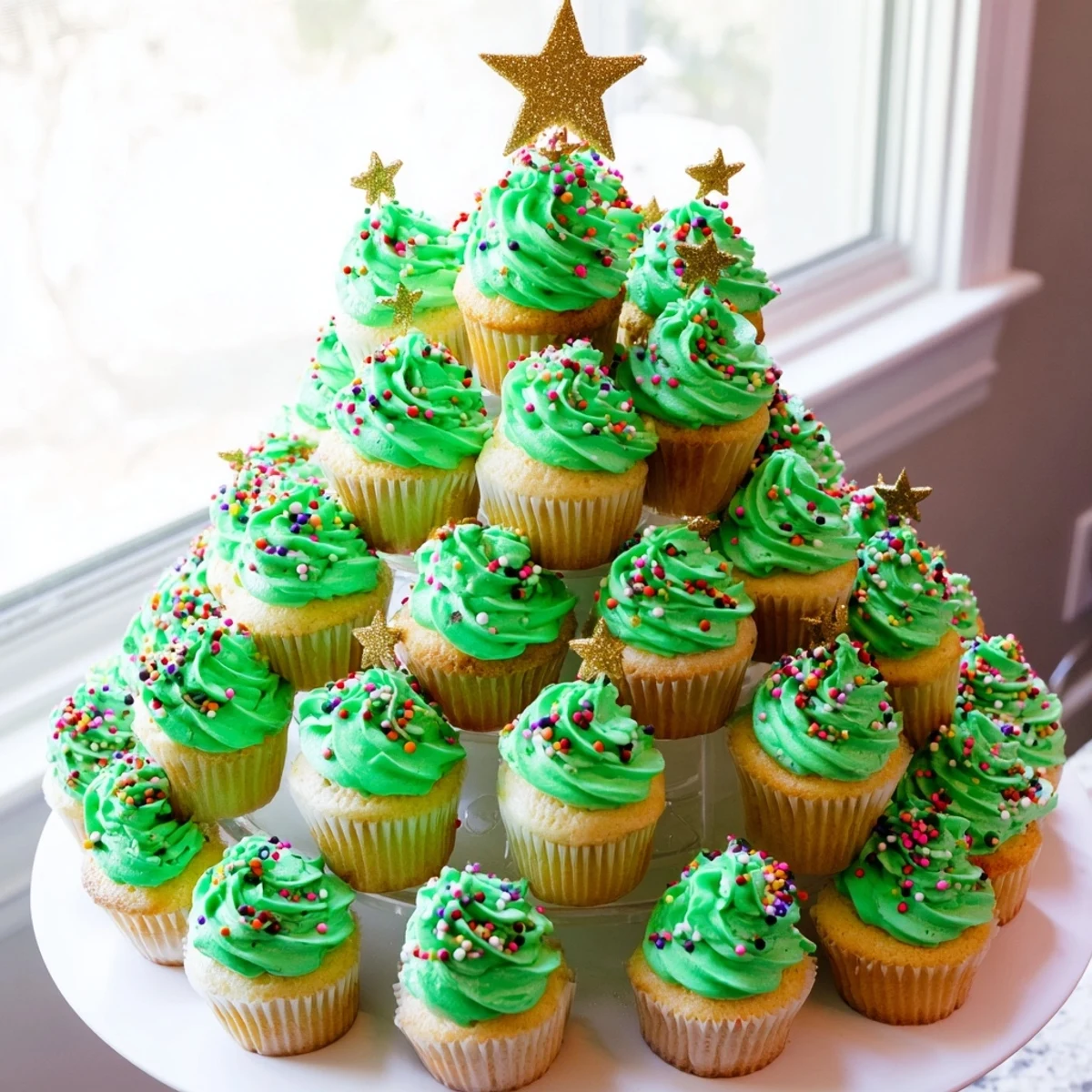 Green frosted cupcakes stacked into a Christmas tree shape with sprinkles and star