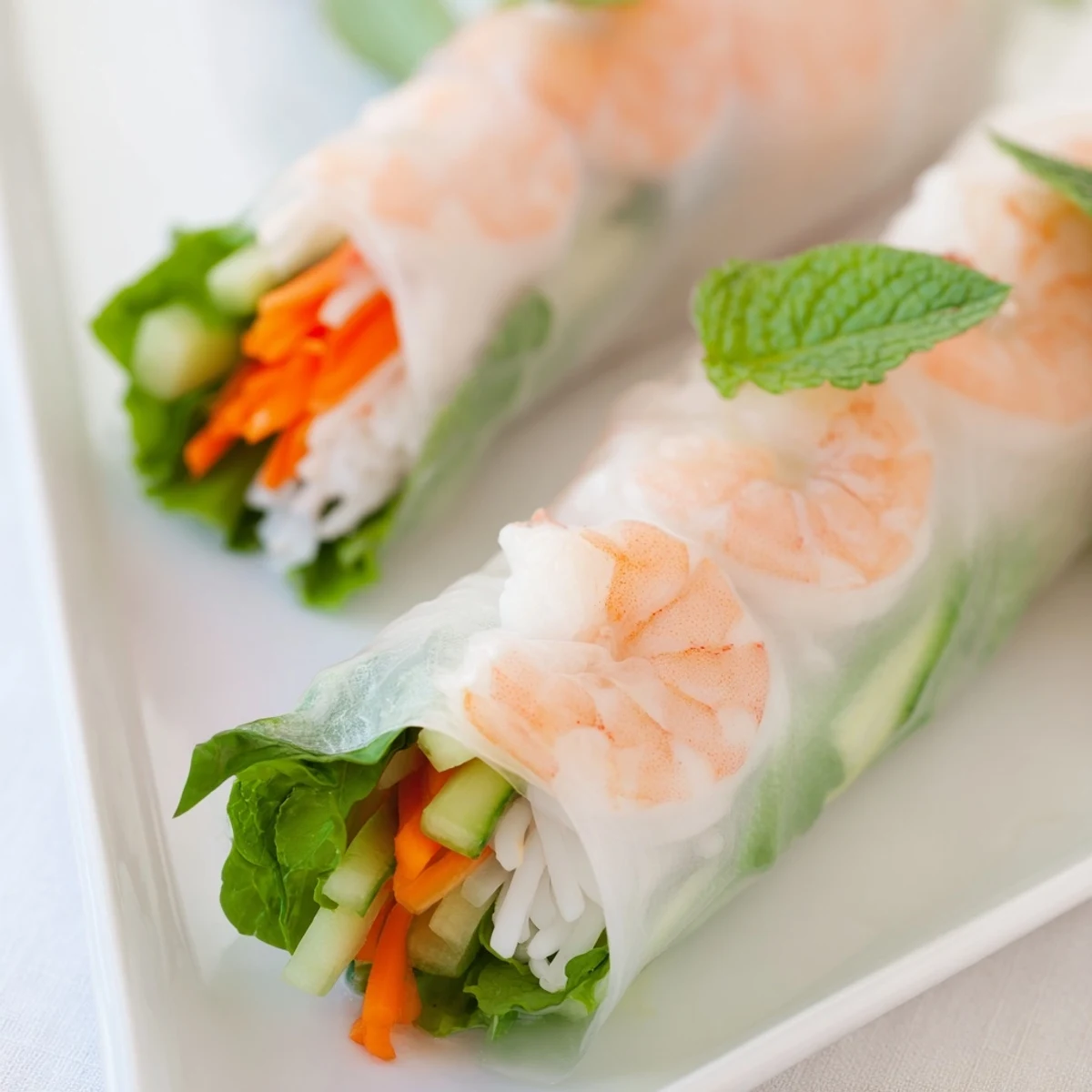 Vietnamese fresh spring rolls with peanut sauce arranged on a serving platter with fresh mint garnish
