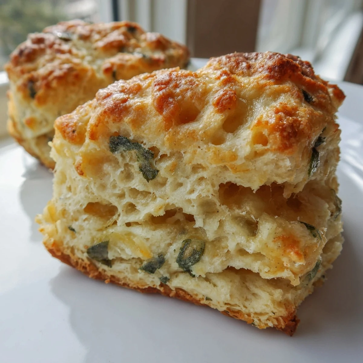 Warm flaky Sage and Gruyere Biscuits served on a wooden board, steam rising from the freshly baked bread