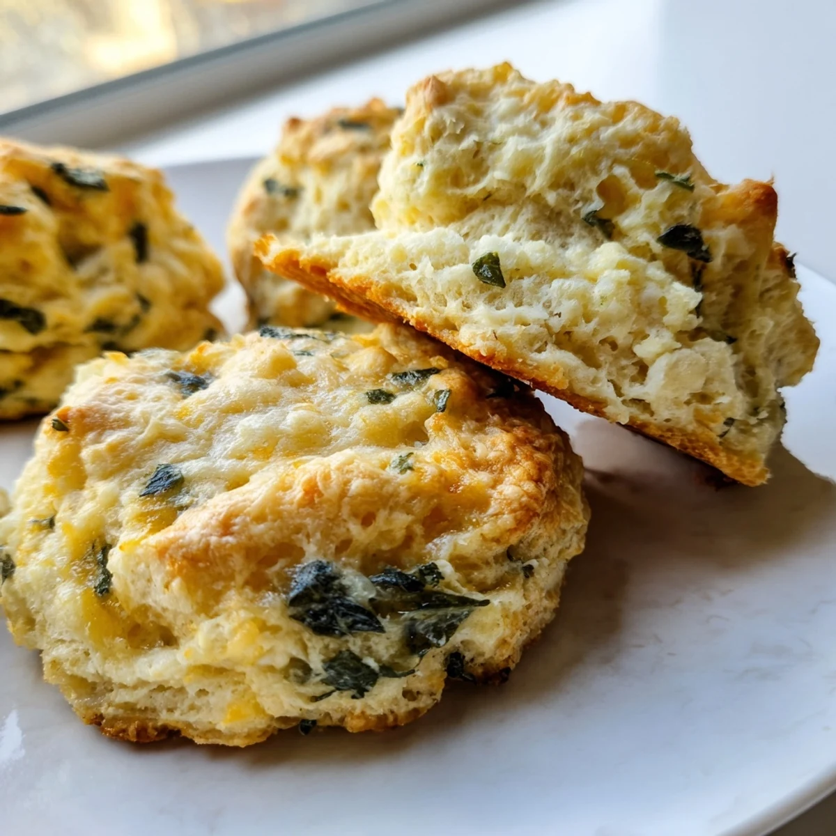 Golden brown Sage and Gruyere Biscuits with visible flecks of fresh herb throughout the flaky layers
