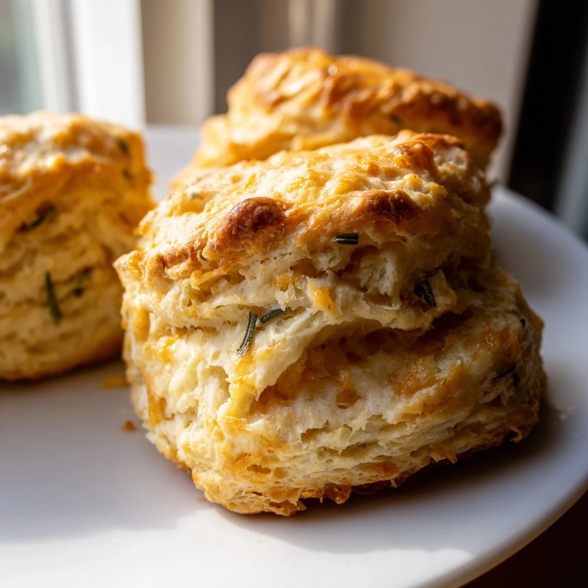 Stack of buttery Sage and Gruyere Biscuits showcasing golden crusts and melted cheese pockets inside